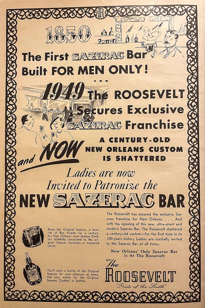 Roosevelt Hotel advertisement announcing the new Sazerac Bar, 1949